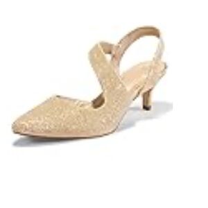 Gold Low/Kitten Heel Strap Shoe Size 8 Dressy Pointed Heel, Sparkly Wore Once